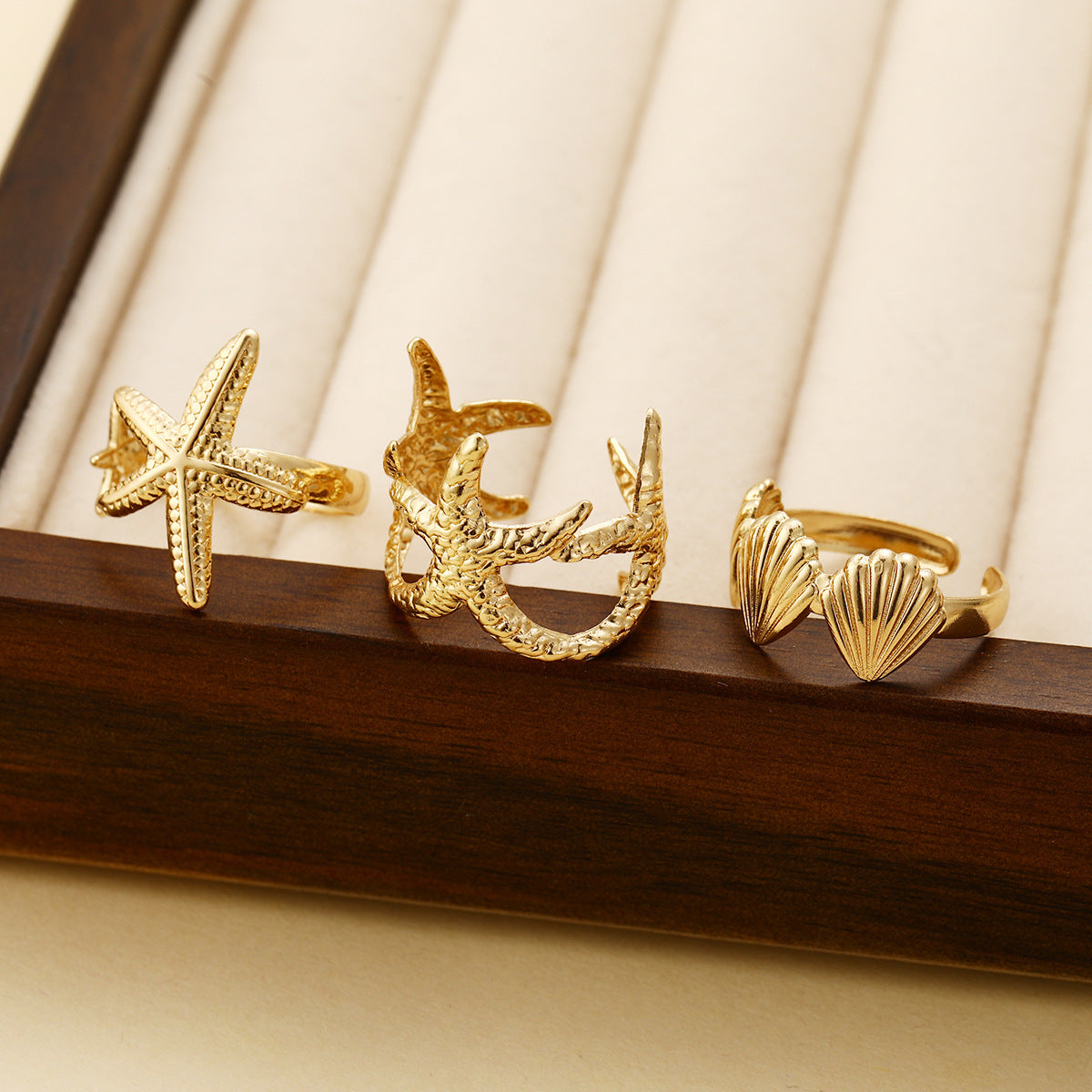 Wholesale Beach Style Starfish Shell Open Ring 3-Piece Set